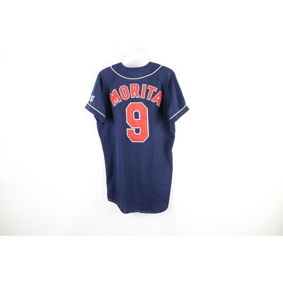 Vintage 90s Mizuno Mens Small Cleveland Indians Morita Baseball Jersey Blue #9 - Picture 9 of 11